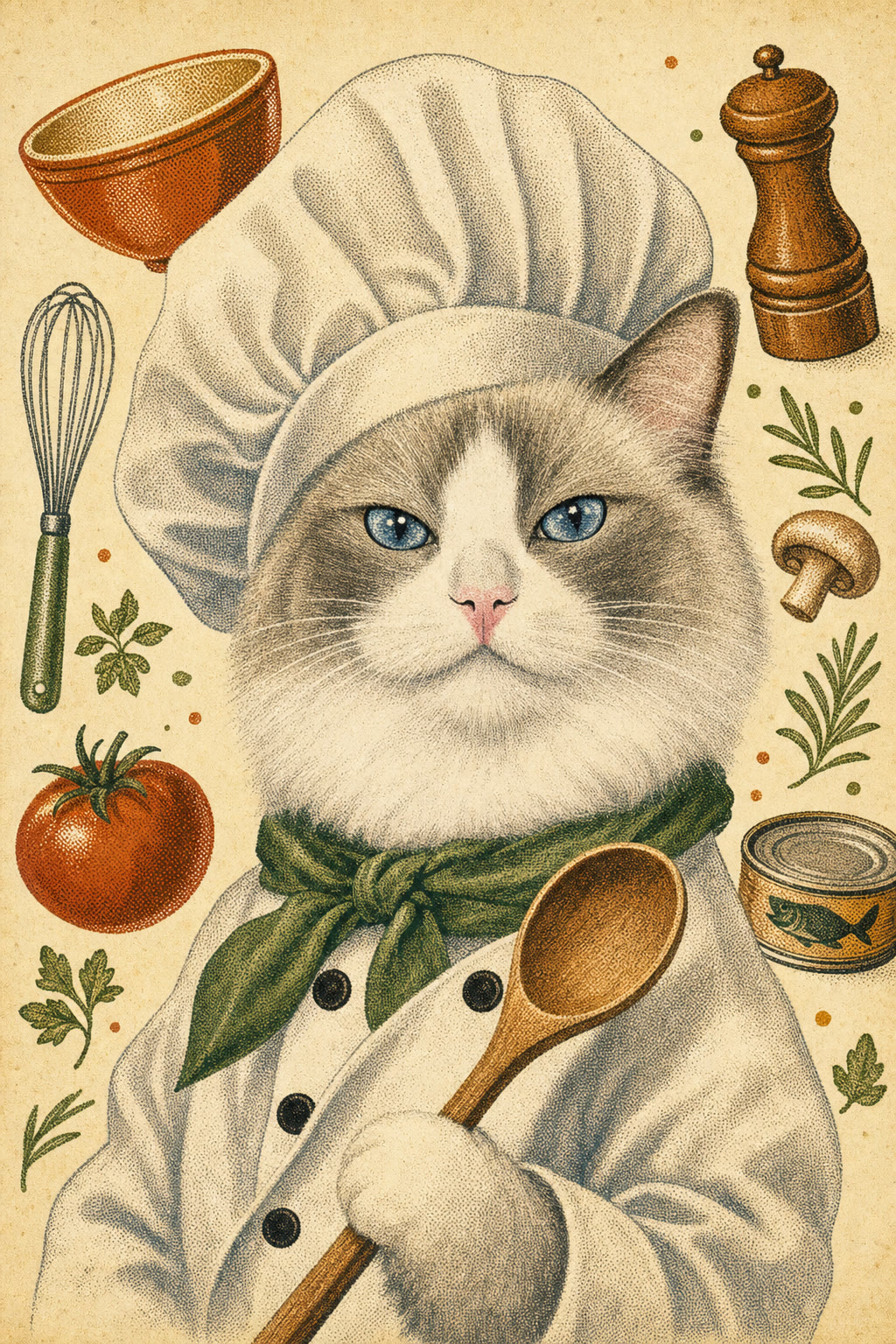 Retro cookbook illustration of Puff the Ragdoll cat wearing a chef hat, holding a wooden spoon, surrounded by kitchen doodles